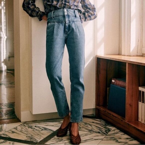 SEZANE Sam Sama High Waisted Pleated Tapered Denim Trouser Jeans size 34 24 2 - Picture 1 of 7